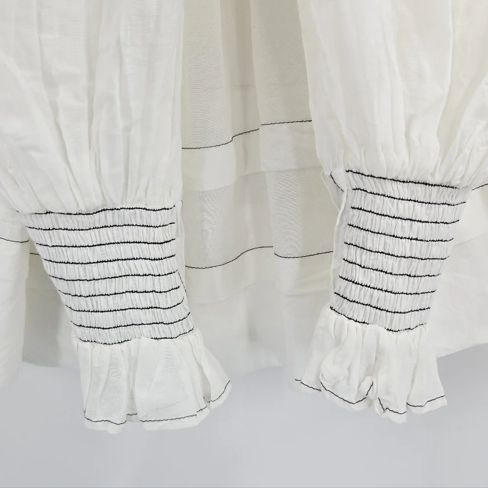 Anthropologie‎ Blouse White Cotton Smocked Peasant Long Sleeve